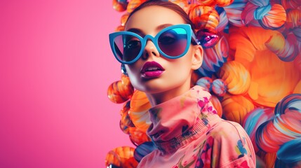 Fashionable female with colorful sunglasses on colorful background - obrazy, fototapety, plakaty