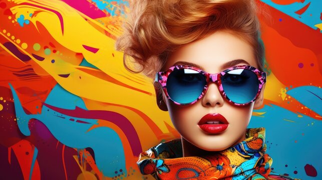 Fashionable female with colorful sunglasses on colorful background
