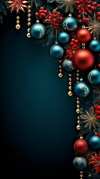 Christmas background with spruce balls and snowflakes and fir branches , winter holidays design in green and red colors