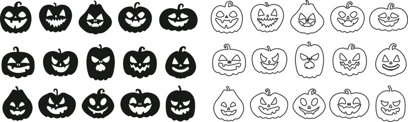 Funny Halloween pumpkin face icon flat, line style set Scary face isolated transparent background collection smiling Template for Halloween greeting card poster brochure or flyer. Vector apps website