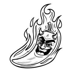 Illustration of a burning chilli with a devil's face.