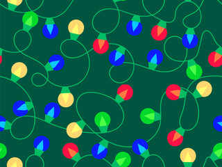 Seamless pattern with Christmas glowing garland. Multicolor Christmas Lights. LED Christmas tree lights. Festive design for posters, banners and advertising products. Vector illustration