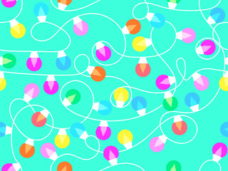 Seamless pattern with Christmas glowing garland. Multicolor Christmas Lights. LED Christmas tree lights. Festive design for posters, banners and advertising products. Vector illustration