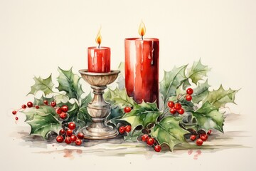Christmas burning candles surrounded by holly leaves and various holiday trinkets, watercolor illustration