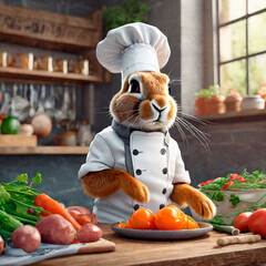 Cute bunny chef with vegetables on the kitchen table. Easter concept.