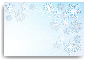 Beautiful falling snowflakes, wallpaper, background with copy space. Winter dust ice particles. Snowfall, blue background. Winter snowflakes. January, december, february theme. Snow hurricane scenery