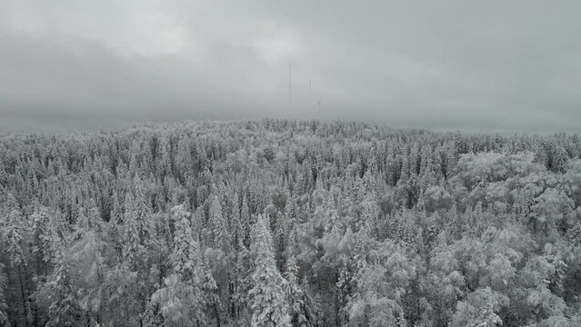 Drone flying just above the snowy treetops towards three communication towers. The towers are partially hidden by fog.  A fresh snow creates a very wintery looking atmosphere.
