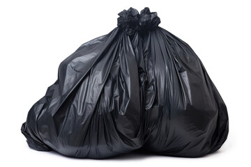 Knotted black garbage bag isolated on white background.