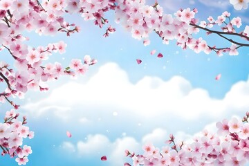Cloudless blue sky and cherry blossom background frame material. Illustration on white background