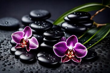 Spa still life with branch orchid and black stones on wet background
