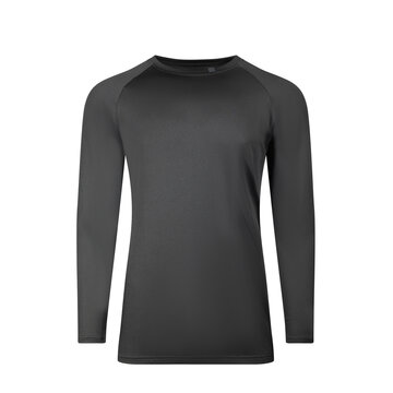 Dark gray athletic long-sleeve women's shirt on an isolated white background using a ghost mannequin. 
