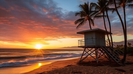 A beautiful sunset unfolds in South Kihei at Kamaole 3, with the lifeguard shack in the foreground, creating a picturesque scene.