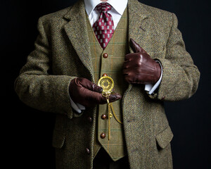 Portrait of Elegant English Gentleman in Tweed Suit and Leather Gloves Holding Pocket Watch....