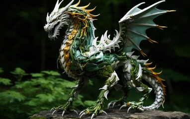Green toy dragon in the forest, symbol of the year 2024, AI