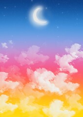 illustration of a colored sky with clouds and a half moon