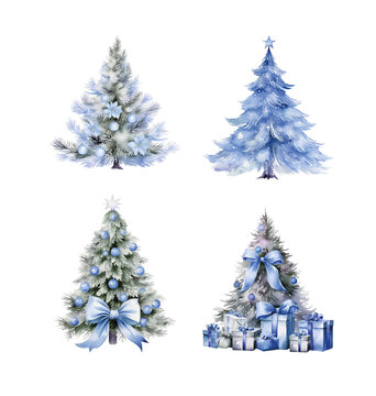 Watercolor Christmas Tree Illustration, Cute Blue Trees, Christmas tree with gifts, Cozy Winter, Holiday Design planner scrapbooking 