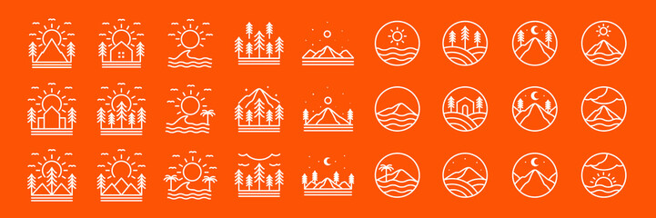 outdoor place mountain and beach line style minimal modern icon set collection sign symbol logo design vector illustration
