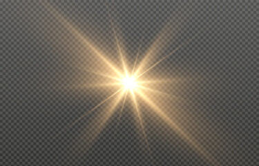 Vector light on isolated transparent background. Sun, rays of light png. Magic glow, golden light png