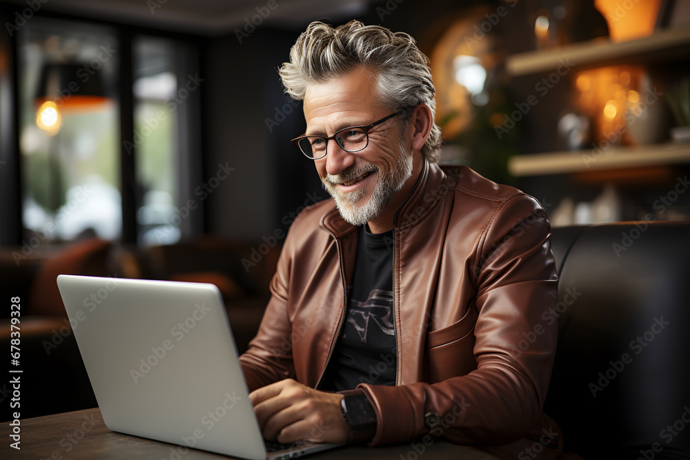 Wall mural portrait of a smiling senior man using laptop while sitting in cafe. ia generative
