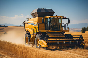 Combine harvester working on a wheat field at sunset. ia generated
