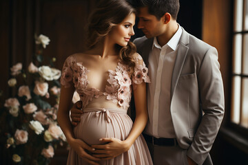 Beautiful pregnant woman with her husband in a room with flowers. ia generated - 678379327