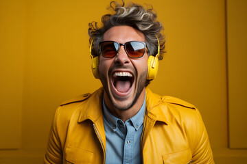 excited man in yellow jacket and headphones screaming at camera on yellow background. ia generated