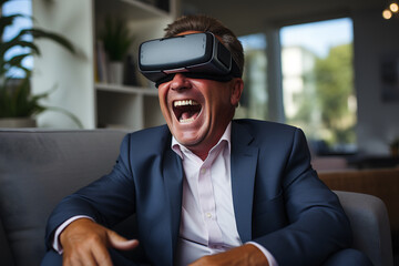 happy senior businessman wearing virtual reality headset while sitting in office. ia generative
