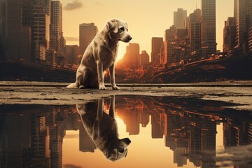 A dog sitting in front of devastated city with a puddle in front.