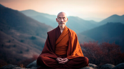 Man Monk Meditating in Mountains