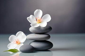 Naklejka na ściany i meble Spa and yoga stones with flowers , White orchid and black stones close up.