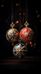 Beautiful Christmas ornaments with floral design. Winter holidays season spirit.