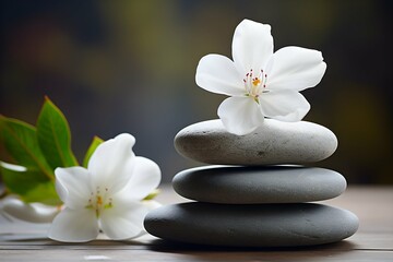 Naklejka na ściany i meble Spa and yoga stones with flowers , White orchid and black stones close up.