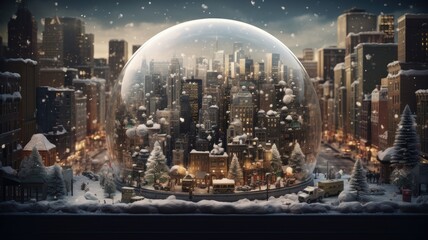 snow globes, each containing a different city, transforming the space into a magical display of urban scenes, the intricacies and charm of miniature cityscapes.