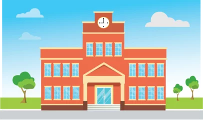 Rollo Building high school of the American or European with trees .A city landscape with a house facade with windows and doors. In flat cartoon style a vector. Education of children. school  vector . © koushik
