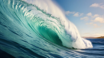 A big wave in the ocean. Tsunami. Water blue background. Sea wave for surfing. View from inside.