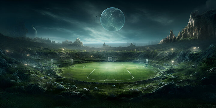 Fantasy Football Background, A dimly lit stadium with a soccer field and a dramatic sky, Empty football field with flashlights and dark night creative digital illustration painting, generative AI
