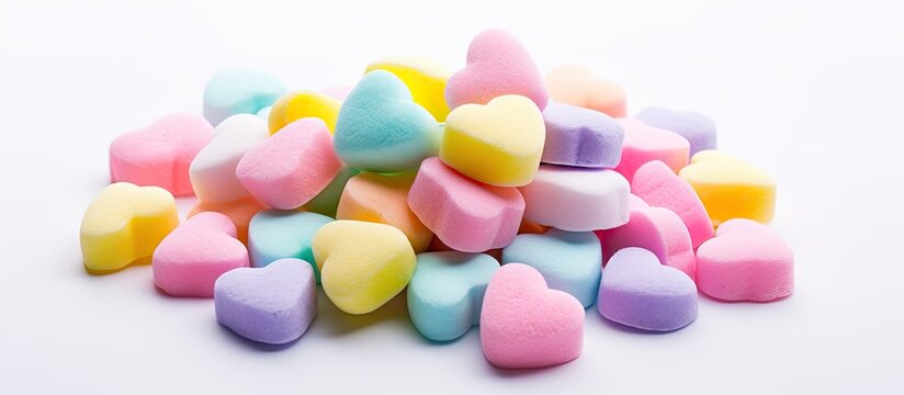 Pastel candy hearts piled on white surface