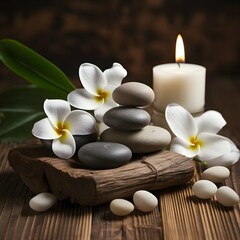 Fototapeta na wymiar Spa and yoga stones with flowers , White orchid and black stones close up.