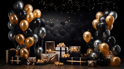 Obraz na płótnie Canvas a black and gold background, a photo frame with a positioned gift box and balloons behind, an element of surprise and excitement, hyper-realistic with super high-quality details.