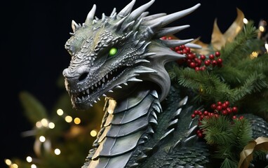 dragon statue with christmas tree and bokeh, closeup of photo