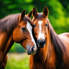 Retrato yegua y caballo en actitud cariñosa 