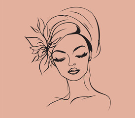 female face silhouette drawn in minimalist style,isolated on pink background,line drawing,eps,wall art