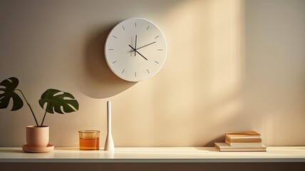 a modern white clock on a pristine white wall, the simplicity and sophistication of stylish timepiece in a high-quality image.
