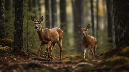 Naklejka na ściany i meble Whitetail Deer doe with young fawn in the forest. Wildlife Concept with a Copy Space. Hunting Concept with a Copy Space. 