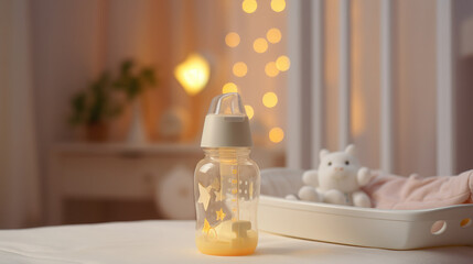 baby bottle, pacifier, milk, baby formula, food, children's room on the background, childhood, newborn, feeding, kid, child, home, comfort, health, birth