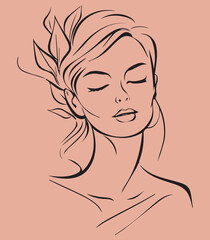 female face silhouette drawn in minimalist style,isolated on pink background,line drawing,eps,wall art