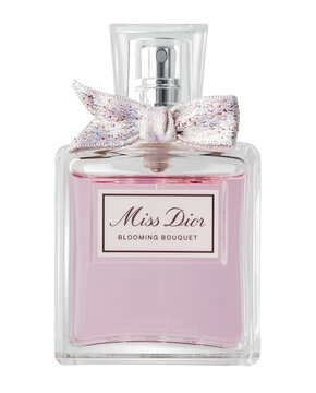 Bottle of perfume Miss Dior on transparent background. Product from Christian Dior. Isolated object