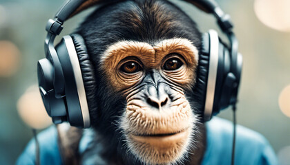 close up of a monkey wearing headphones