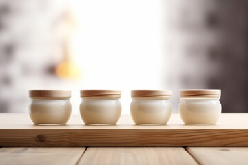 Ceramic pots for yogurt, cream, copyspace. Generative AI