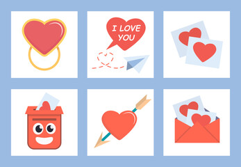 valentines day cards. cartoon romantic love 14 February party celebration, hearts lips love sweets letters envelope ring gift boxes. vector cartoon minimalistic flat objects collection.